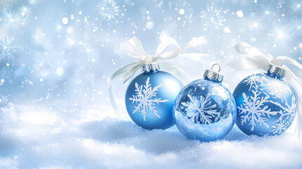 Snowflakes gently fall around blue glass baubles on a soft white background, white bows, decorative accents, wintery scene. Sapphire Falls. Illustration