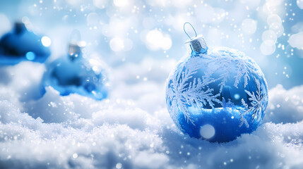 Snowflakes gently fall around blue glass baubles on a soft white background, decorative accents, bokeh snow, frozen landscape. Sapphire Falls. Illustration