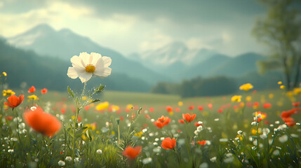 Naklejka premium White flower meadow, mountain backdrop, springtime