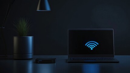 Laptop and Wi-Fi box on table on black background