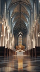 Fototapeta premium Grand church interior, sunlight streams in.