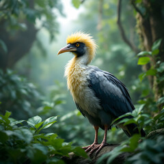 Obraz premium Exotic Bird with Vibrant Feathers Standing Amidst Lush Greenery in a Tropical Forest Environment