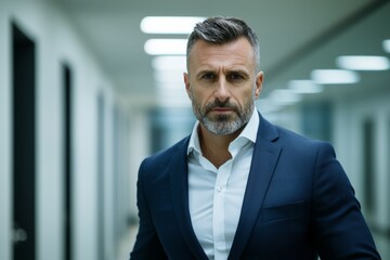Fototapeta premium Mature caucasian male in business suit standing confidently in modern office hallway