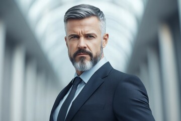 Fototapeta premium Confident mature caucasian male in suit with gray hair and beard in architectural setting