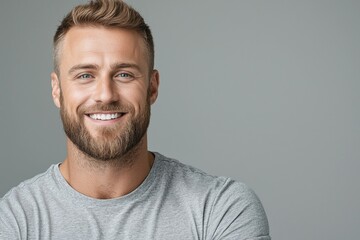 Fototapeta premium Smiling caucasian young male with beard and short hair in gray shirt