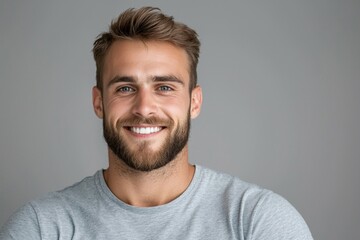 Smiling young caucasian male with beard in gray shirt