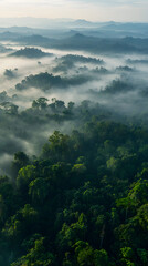 Obraz premium Expansive Mist-Covered Forest with Distant Hills