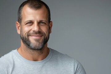 Smiling caucasian middle-aged man with beard in gray shirt