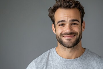 Obraz premium Smiling young caucasian male with beard against gray background