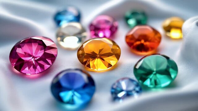 A close-up shot of various colorful gemstones arranged on a luxurious silk fabric. The image showcases the brilliance and beauty of the gems.