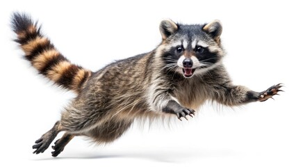 Obraz premium Raccoon in Motion: Panoramic Jumping Pose with Outstretched Limbs on White Background for Nature and Wildlife Photography
