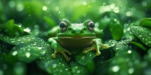 Obraz premium Realistic Green Frog Among Lush Greenery in Nature Photography
