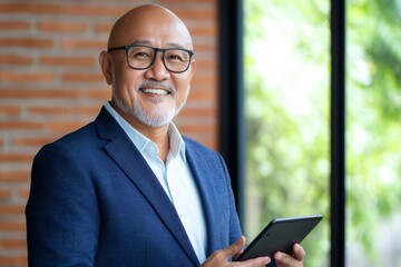 Asian mature male professional holding tablet in modern office setting