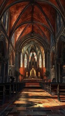 Fototapeta premium Ancient church interior, sunlit aisle