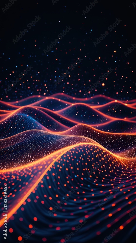 Poster glowing particles against a dark backdrop create vibrant digital waves that undulate