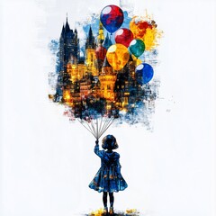 A child holding balloons filled with vibrant cityscapes, blending innocence and urban adventure in double exposure style 