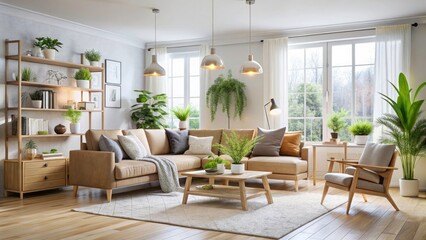 Fototapeta premium Scandinavian Minimalist Living Room with Bokeh Effect in Neutral Tones and Natural Light
