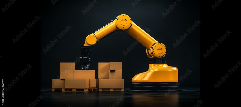 Aufkleber robotic arm handling cardboard boxes on pallets in a dark setting