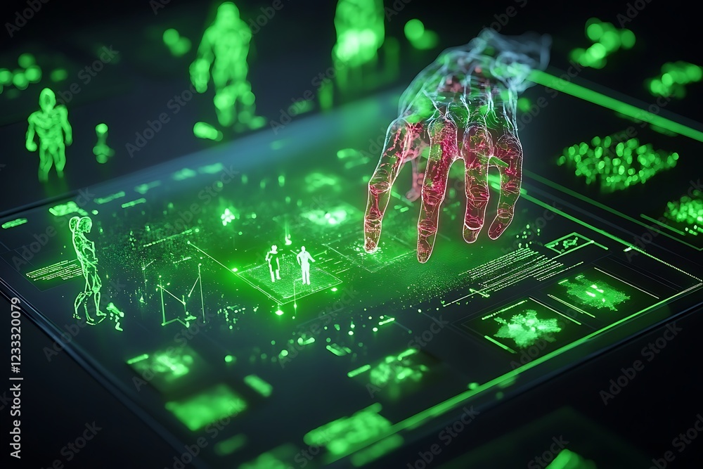 Poster a translucent robotic hand interacts with a holographic data interface displaying human figures.