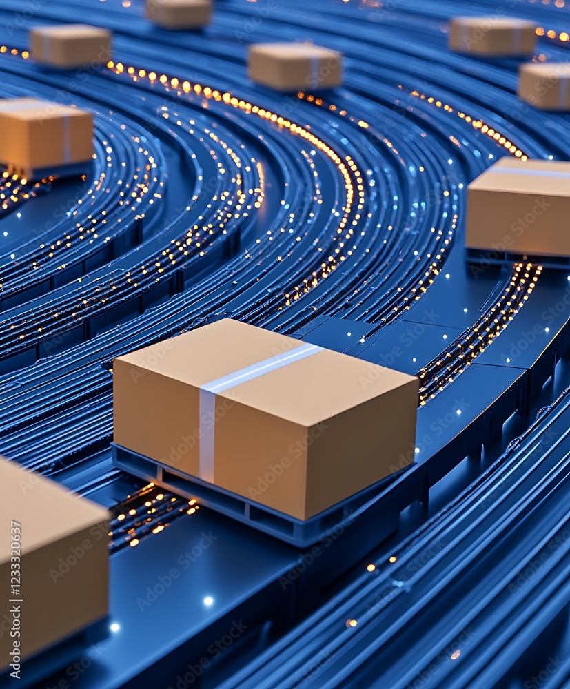 Poster automated package sorting system: cardboard boxes on conveyor belts