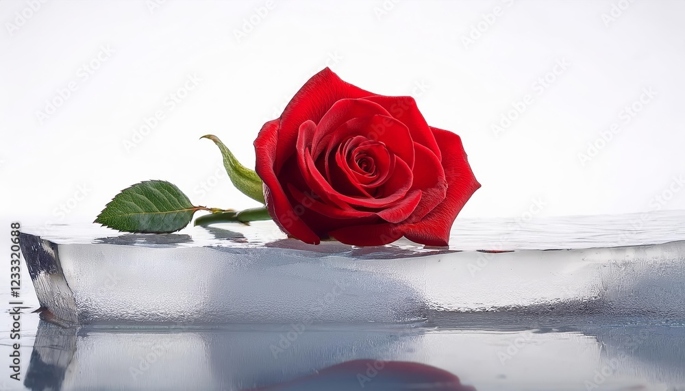 Poster red rose is floating on top of a block of ice