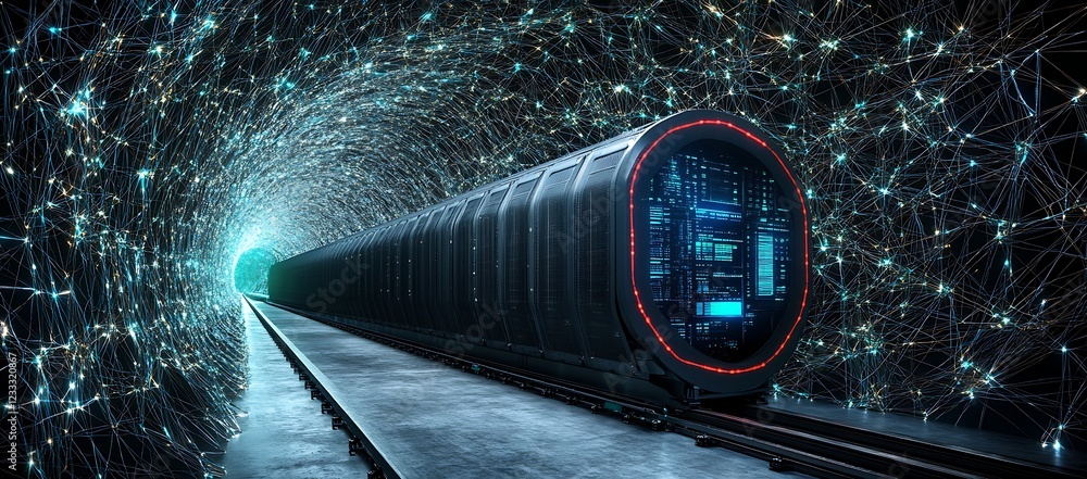 Poster futuristic high-speed train traversing a data-stream tunnel.