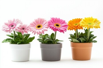 Obraz premium Three potted plants of different colors, including pink, yellow, and orange