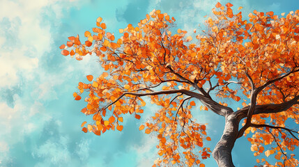 A stunning pear tree against an azure blue sky, its branches heavy with vibrant orange and yellow autumnal leaves , foliage colors, fall season. Sapphire Falls. Illustration
