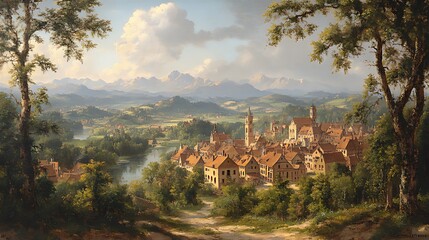 Fototapeta premium River Valley Town Landscape, Alpine Mountains Background, Scenic Artwork