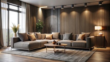 Fototapeta premium Stylish Modern Sectional Sofa in Dark Minimalist Living Room - 3D Interior Design Render for Contemporary Home Decor Inspiration