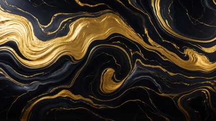 Grand gilded whirls meander on a luscious black marbled backdrop 