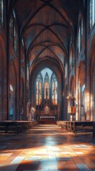 Fototapeta premium Sunlit cathedral nave and altar
