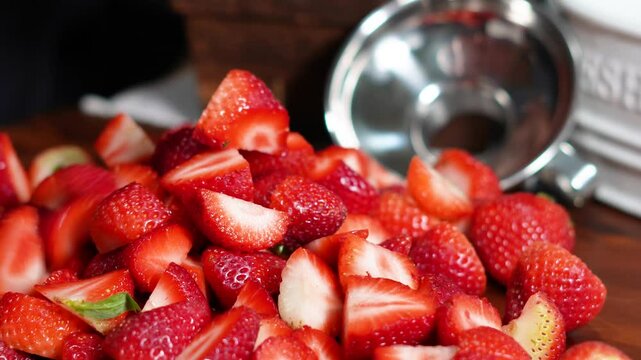 Cooking strawberry jam and canning them for food storage and for gifts.  strawberry jam made with fresh strawberries and sugar and easy recipe.