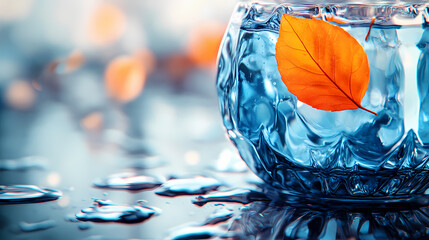 Close-up of a blue glass vase with an orange leaf on a reflective wet surface. Sapphire Falls. Illustration