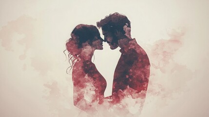 Couple kissing in a watercolor painting minimalist silhouette art style