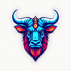 Vibrant and Colorful Bull Head Illustration with Intricate Designs in Eye-Catching Blue and Red Tones