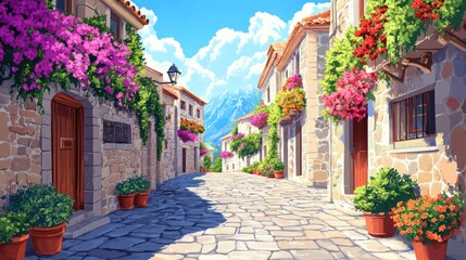 Fototapeta premium Sunny Mediterranean village street, flowers, mountains, tourism postcard