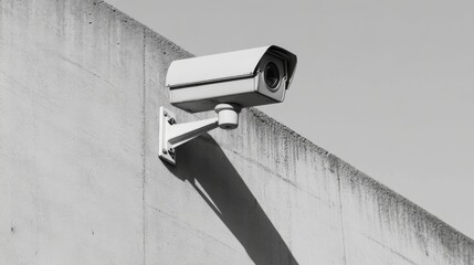 Surveillance camera mounted on a concrete wall, casting a shadow, in an urban environment