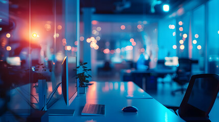 Modern office space illuminated in blue and orange tones, showcasing a serene work environment.