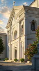 Classical church architecture at sunset.