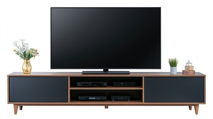 large modern black TV, file of isolated cutout object on white background.