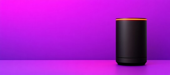 Sleek Black Smart Speaker with Orange Accent Light on Purple Background