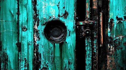 Weathered Turquoise Door with Rusty Lock and Vintage Texture