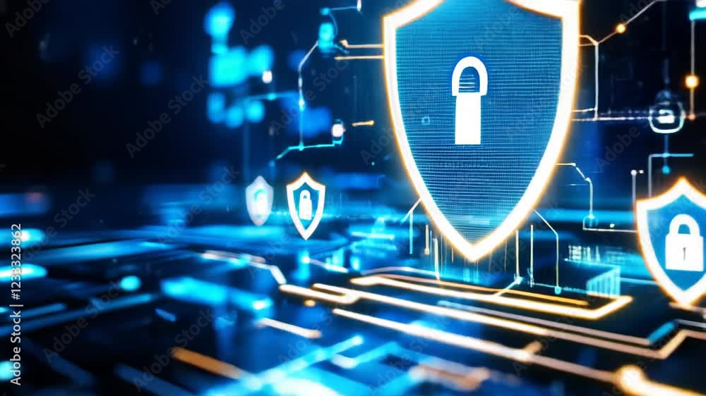 Poster cybersecurity shield: a digital rendering of a glowing blue shield with a padlock, symbolizing onlin