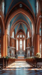 Fototapeta premium Sunlit church interior, peaceful scene