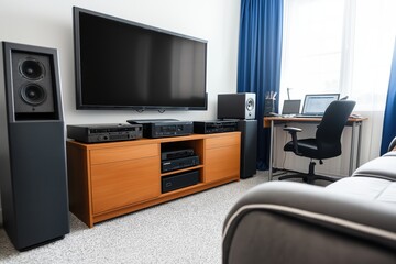 A bright modern living room showcases a minimalist atmosphere, emphasizing natural light, comfortable seating, and a simple workspace