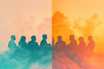 Fototapeta premium Silhouetted businesspeople in a meeting, divided by contrasting warm and cool tones, creating a dramatic visual.