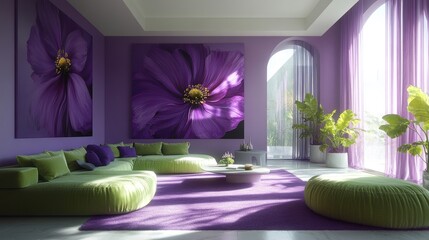 Luxurious living room with purple accents and large floral art.