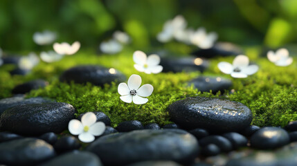 Small white flowers on green moss with smooth black stones create serene and tranquil scene, perfect for nature lovers and those seeking calmness in their environment