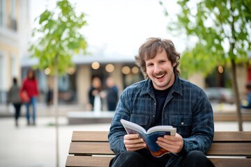 Obraz premium Individual reads a satirical magazine while seated on a wooden bench in a bustling outdoor area with trees and people around